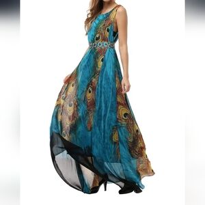 ZANZEA Collection Blue Peacock Flowy Maxi Dress SZ XXL Travel Vacation